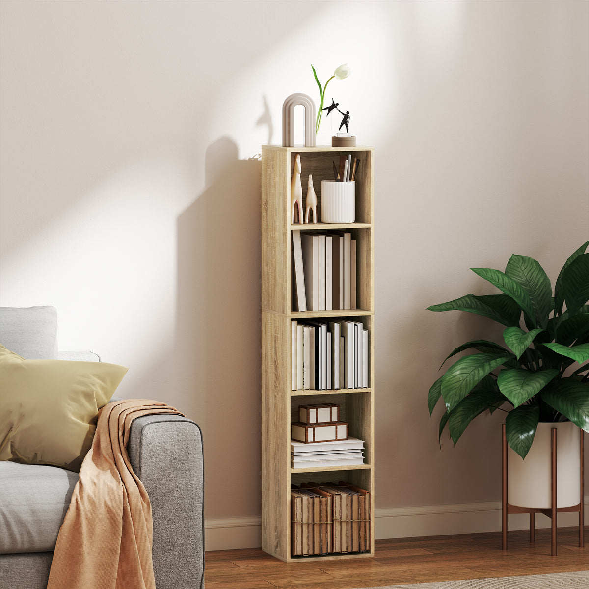 Bibliothèque étagère de rangement 5 niveaux avec étagères réglables pour salon, chambre, bureau, 30x24x133,5cm, naturel