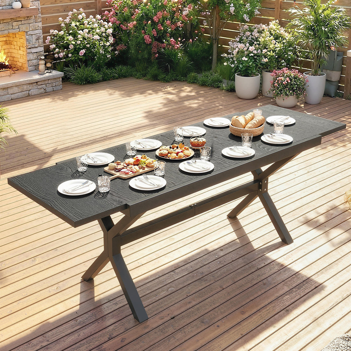 Table de Jardin Extensible Aluminium Table de Repas Extérieure Effet Bois 8-10 Personnes 214x85x73cm Gris Anthracite
