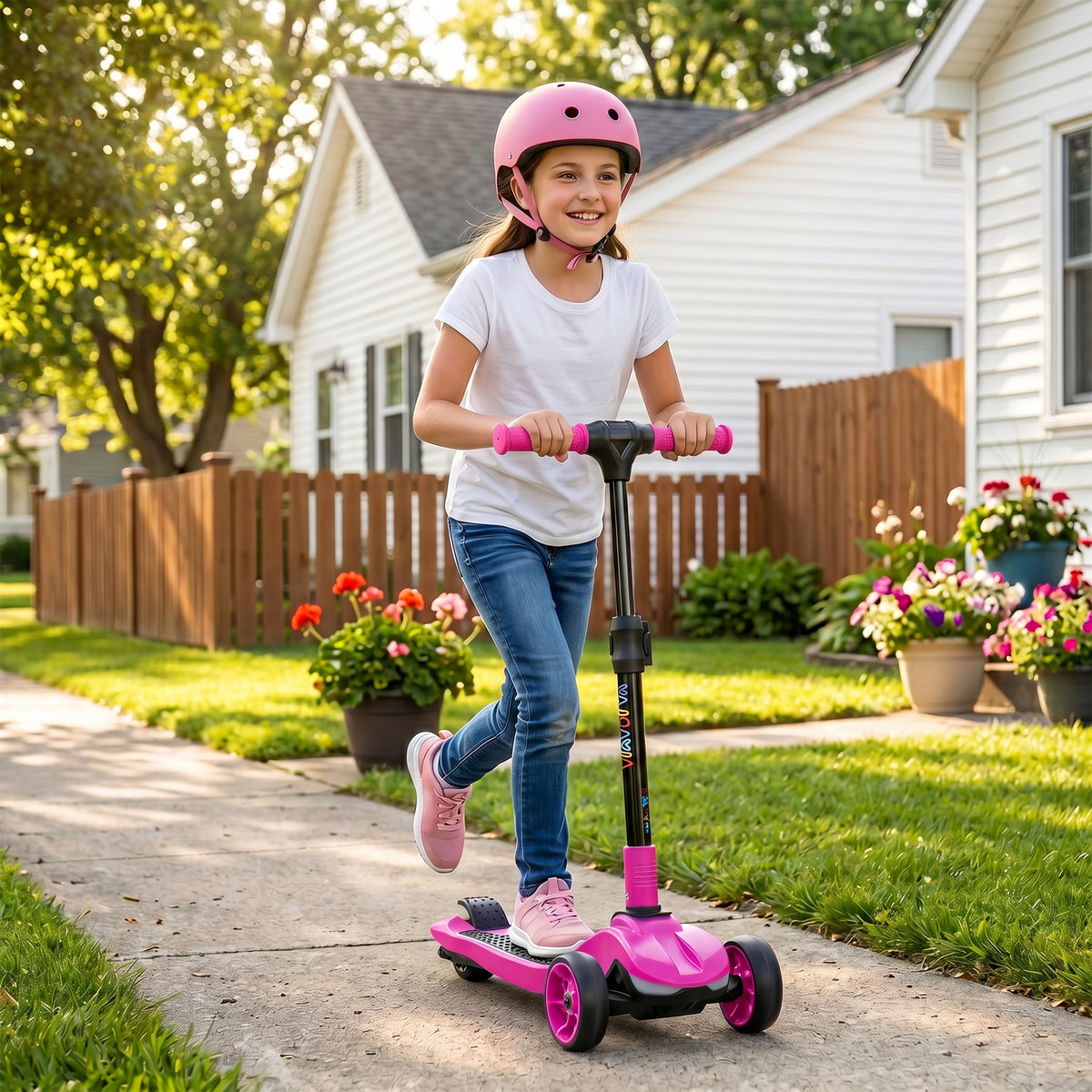 Electric scooter for children aged 6 to 10, foldable 3-wheel zero-start, maximum speed 8 km/h 64x29x83cm pink