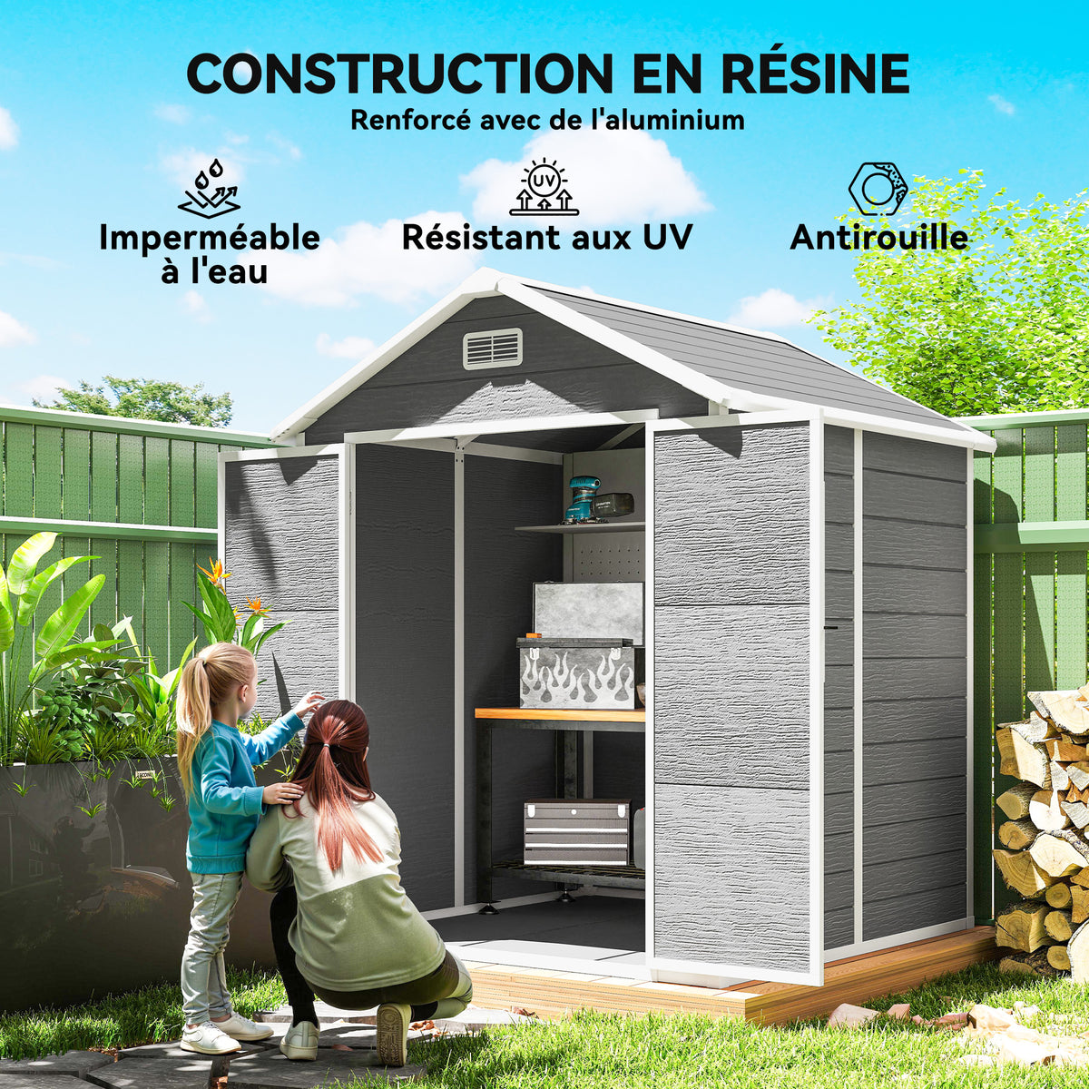Abri de jardin en résine 2,7 m² avec plancher portes à loquet 3 fenêtre structure en aluminium 240 x 190 x 228 cm gris