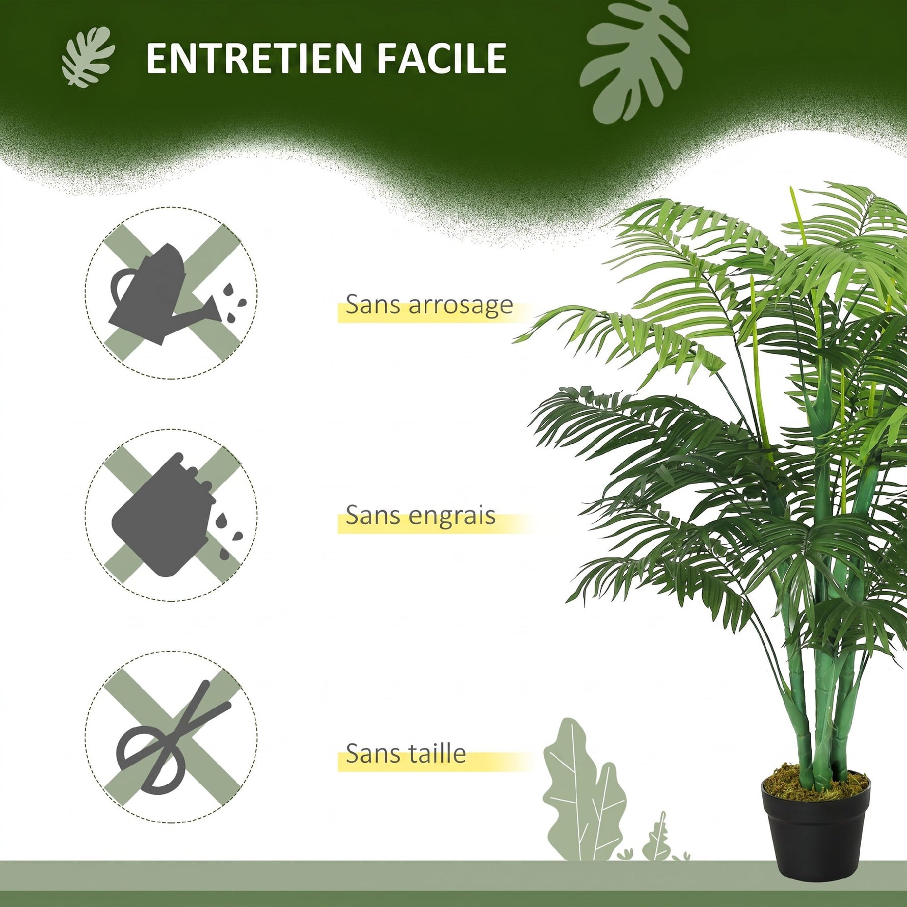Palmier Artificiel 125 cm avec 18 Grandes Feuilles, Base en Ciment et Mousse de Lichen en PE, pour Salon Chambre, Vert