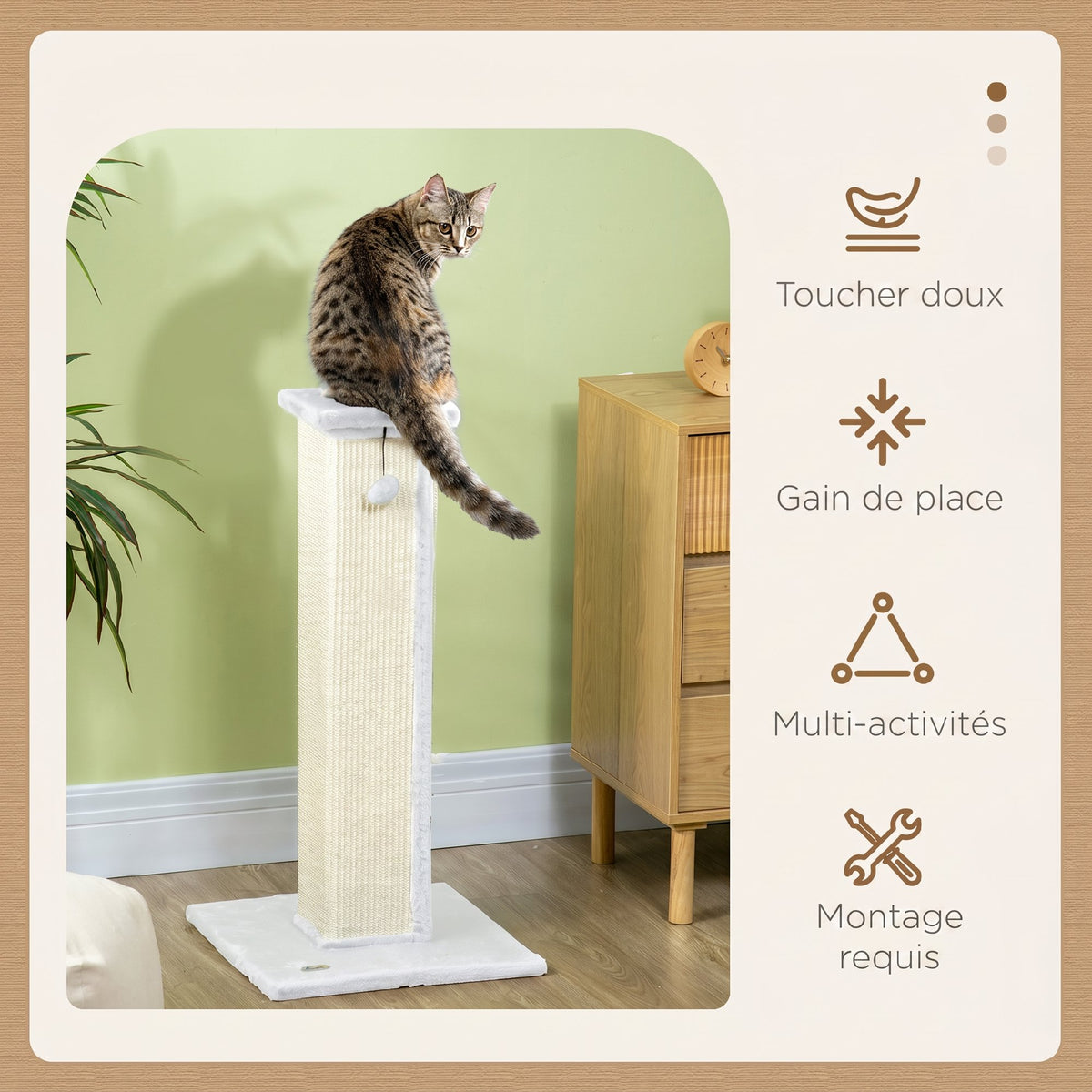 Krabpaal voor katten, sisal en pluche, met hangend balletje, stabiele voet, 41 x 41 x 81 cm, wit en crème