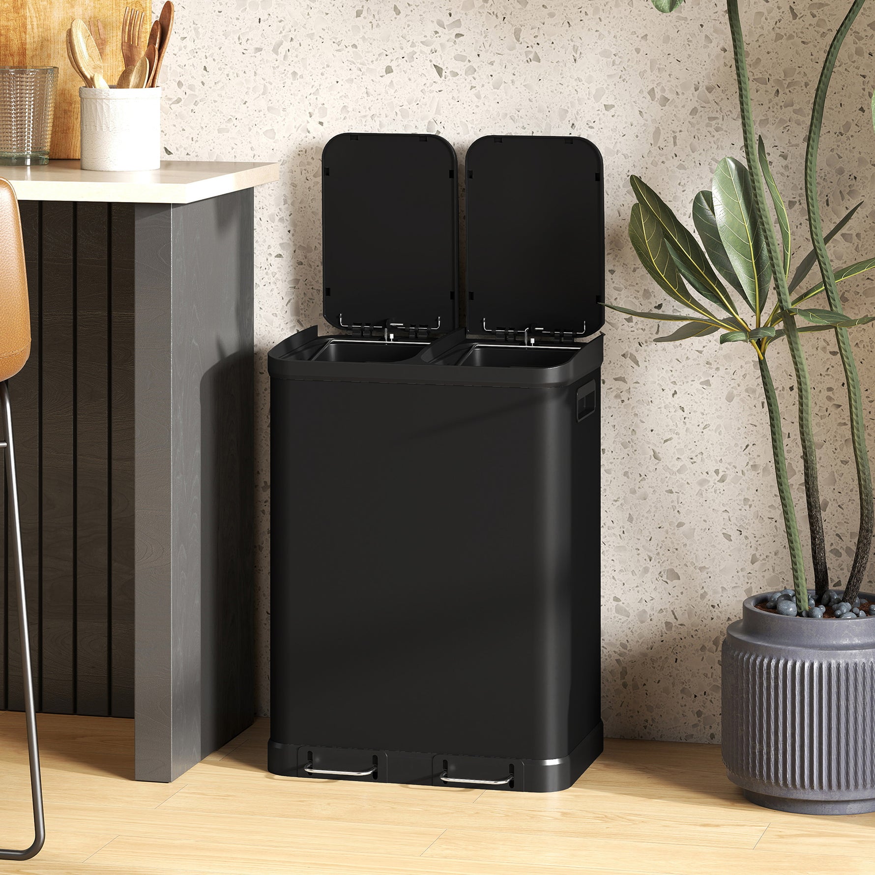 Poubelle de cuisine à double compartiment 2 x 30L avec pédale en acier inoxydable, couvercle à fermeture douce, noir