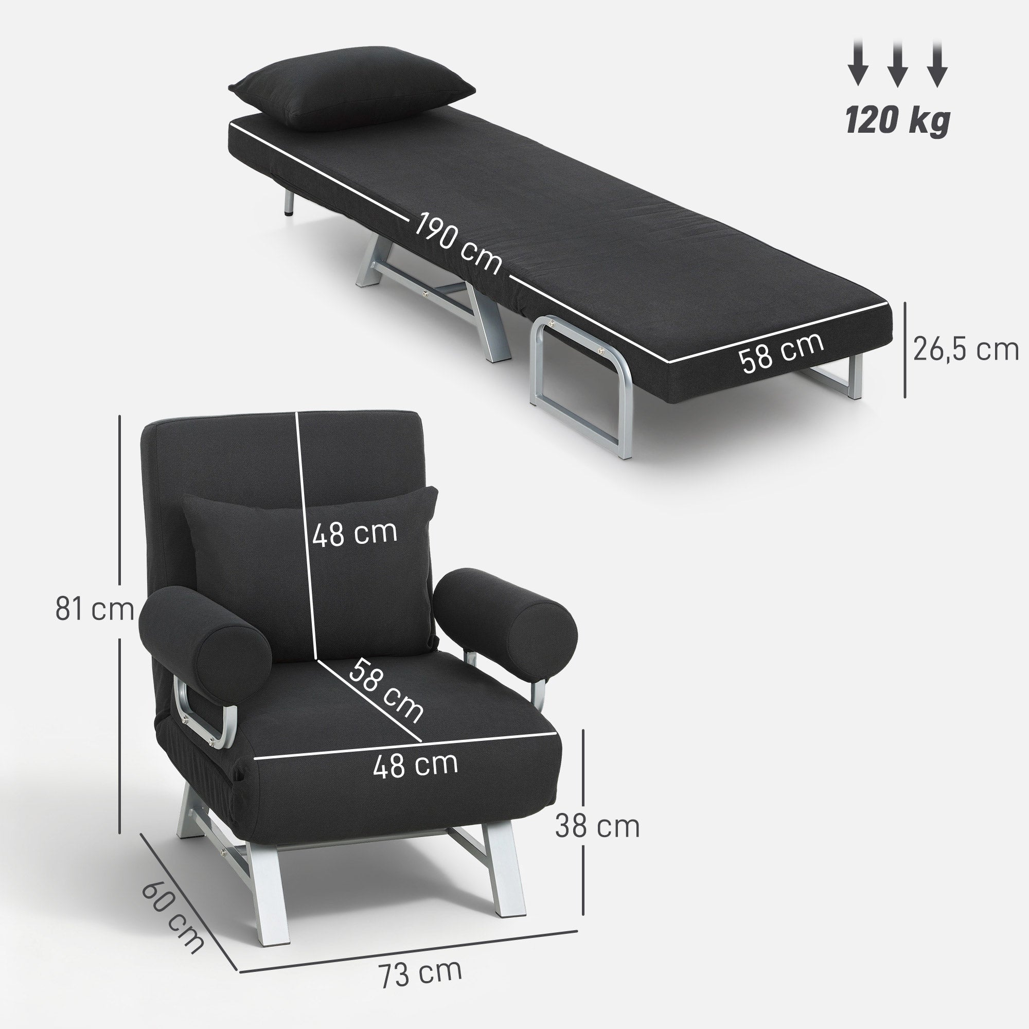 Convertible 1-Seater Sofa Bed Chair, Reclining, with Lumbar Pillow, Armrests, and Metal Base, Black Linen