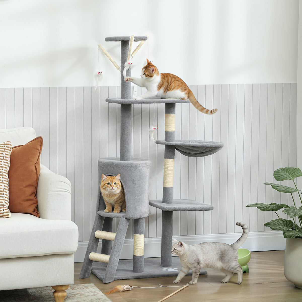 Albero per gatti, torre gioco stabile multi-livello con cuccia, 3 piattaforme e amaca, 60x35x134 cm, grigio