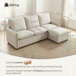 Canapé 3 places avec pouf de rangement, canapé d'angle modulable 212 cm, coussins à ressorts, tissu en lin, crème