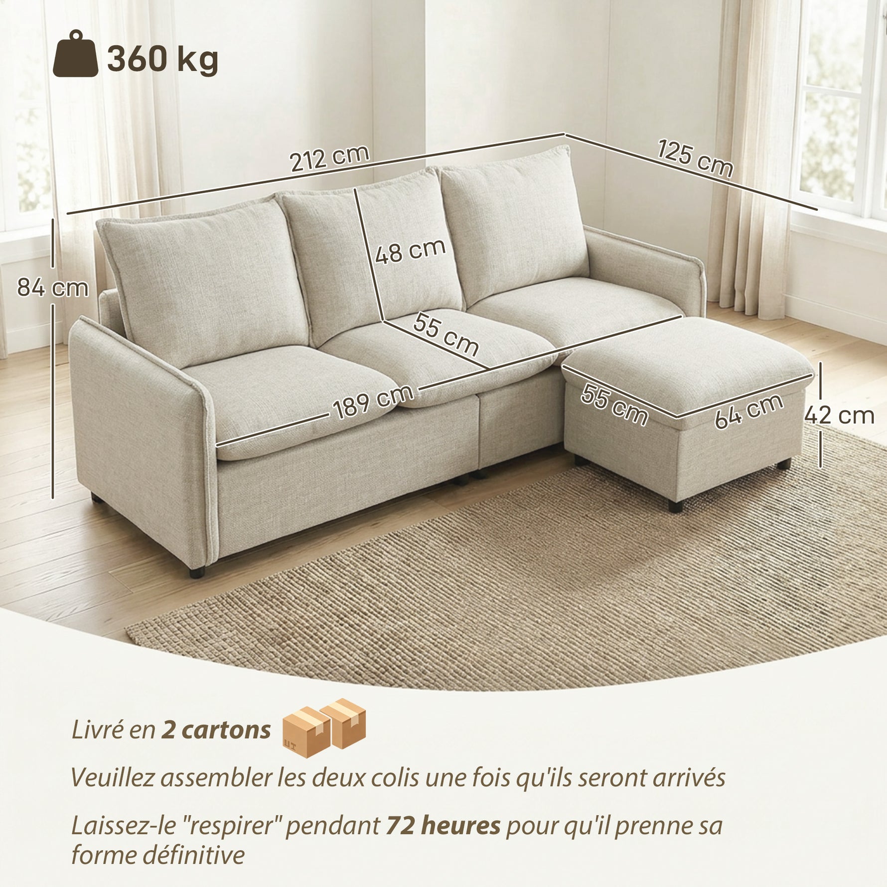 Canapé 3 places avec pouf de rangement, canapé d'angle modulable 212 cm, coussins à ressorts, tissu en lin, crème