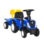 Porteur tracteur enfants avec coffre amovible, râteau et pelle, voiture enfants avec lumière LED et klaxon, bleu