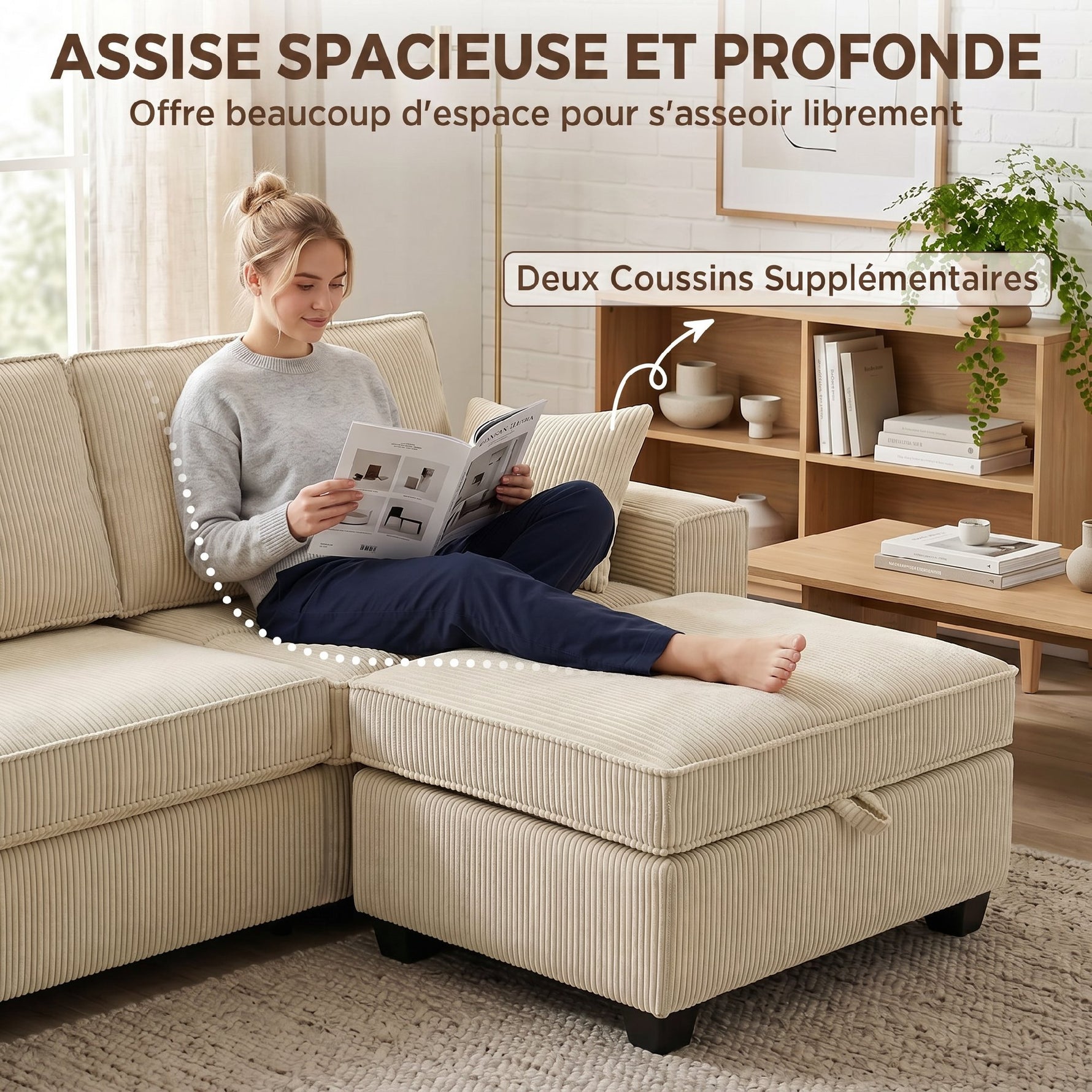 Canapé 3 Places avec Pouf de Rangement, Canapé d'Angle en Velours Côtelé, Assise Large, 2 Coussins, Beige