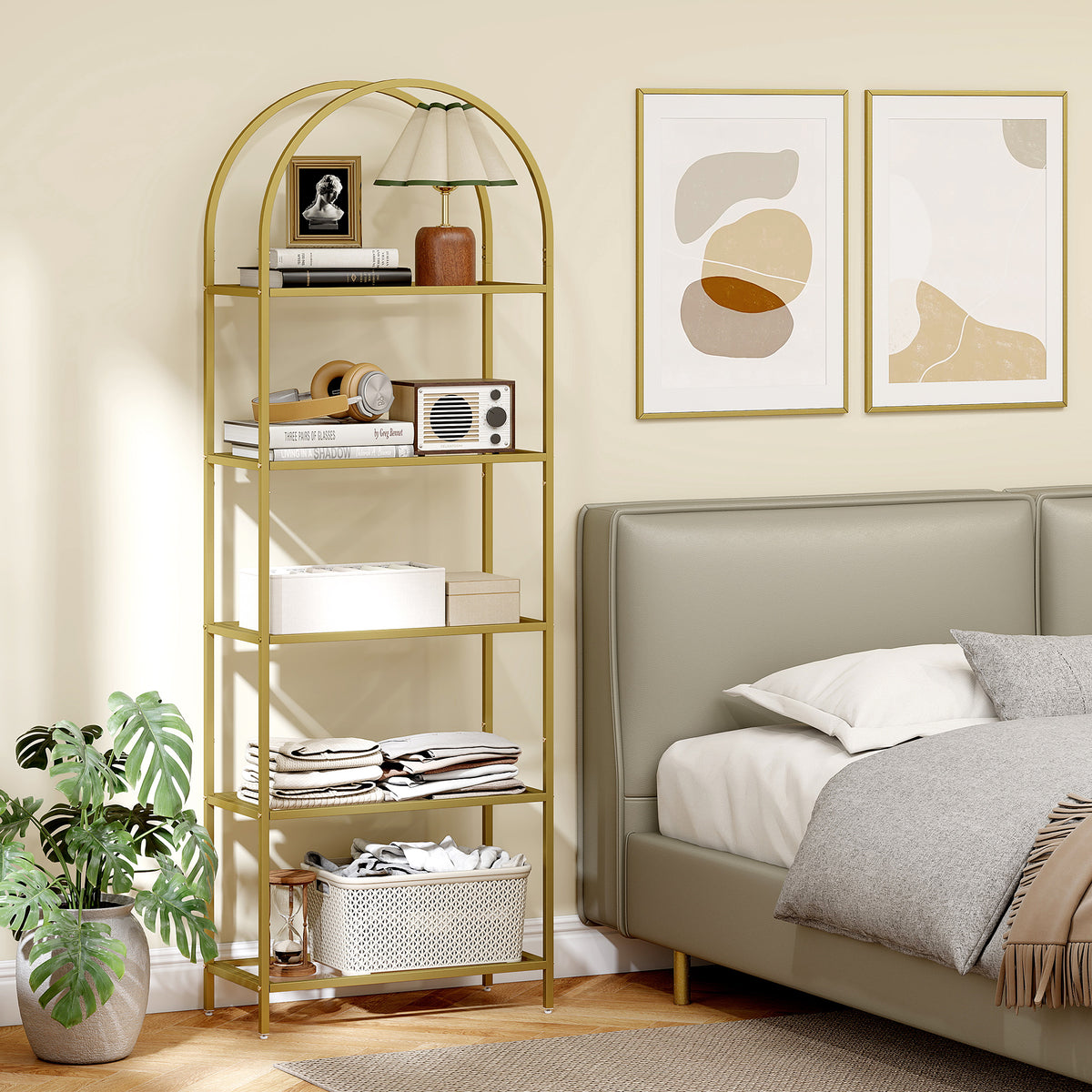 Libreria scaffale in vetro a 5 ripiani ad arco per soggiorno, ufficio, camera da letto, 60 x 30 x 175 cm, dorato