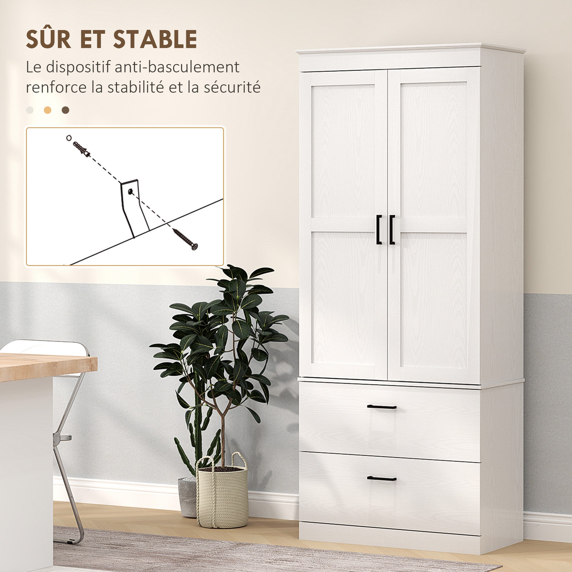 Kitchen buffet cabinet, kitchen cupboard, storage unit with cupboard, 2 drawers and adjustable shelves, cream