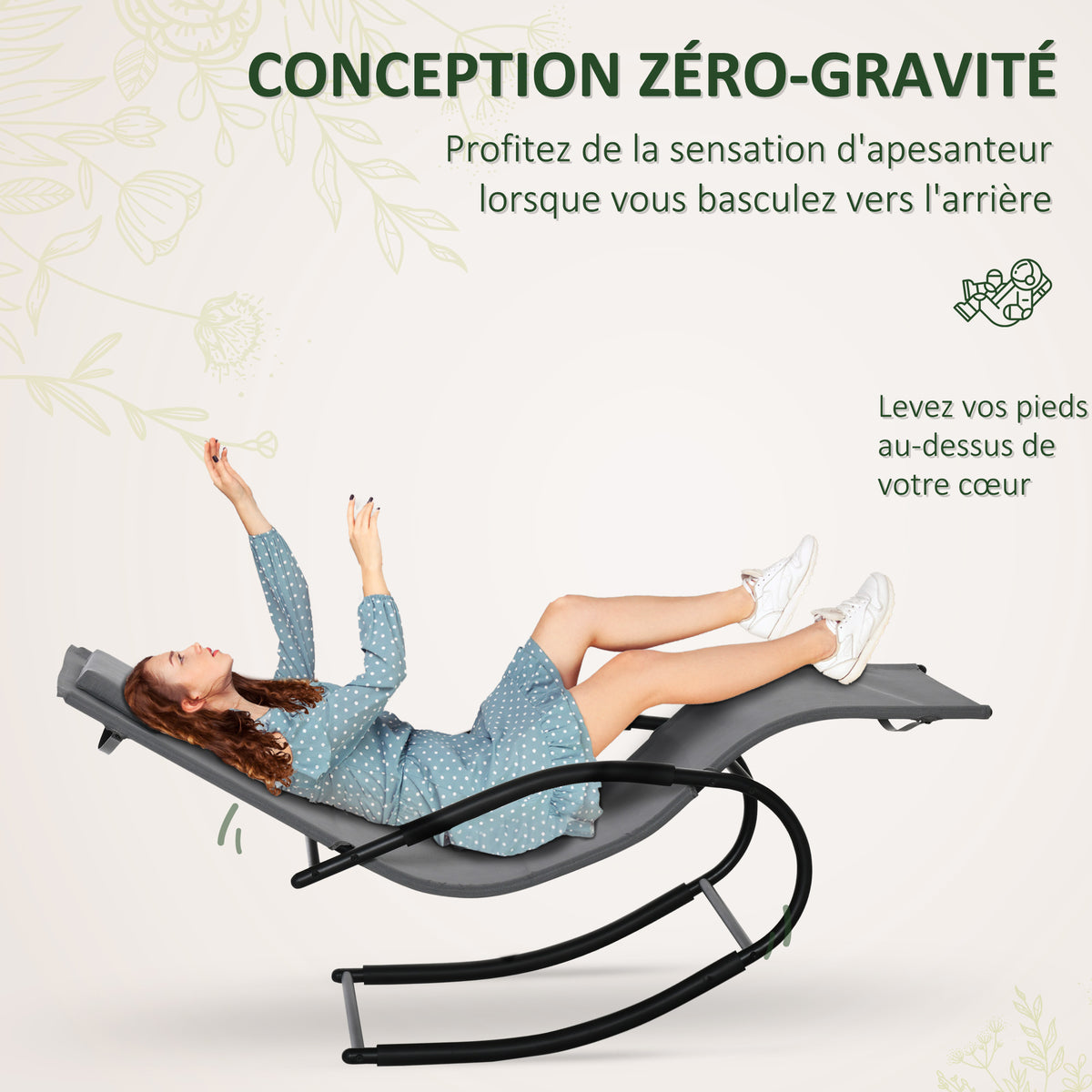 Chaise longue à bascule rocking chair ergonomique avec tétière accoudoirs métal galvanisé textilène Gris