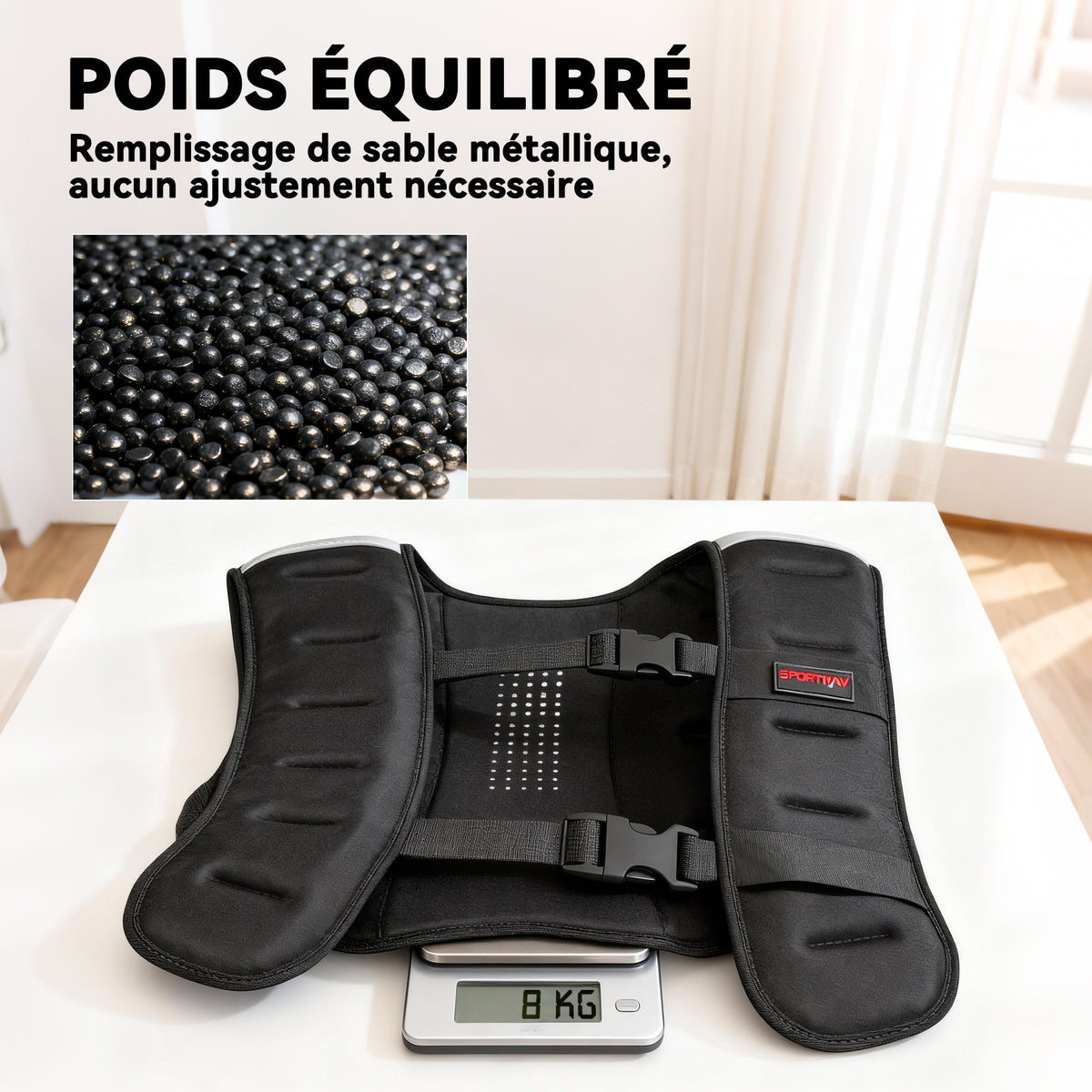 Gilet lesté 8 kg veste lestée respirant avec sangles réglables et bandes réfléchissantes en sable de fer 43 x 33 cm noir