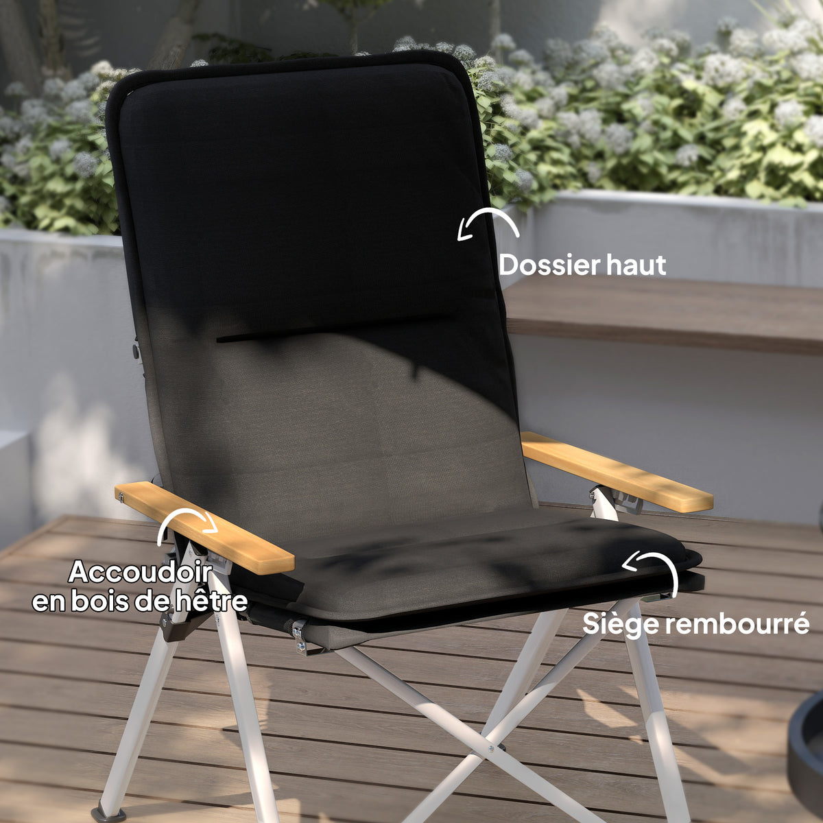 Chaise de camping chaise de pêche pliante, dossier haut, coussin amovible et sac de transport, 59x67x96cm, noir