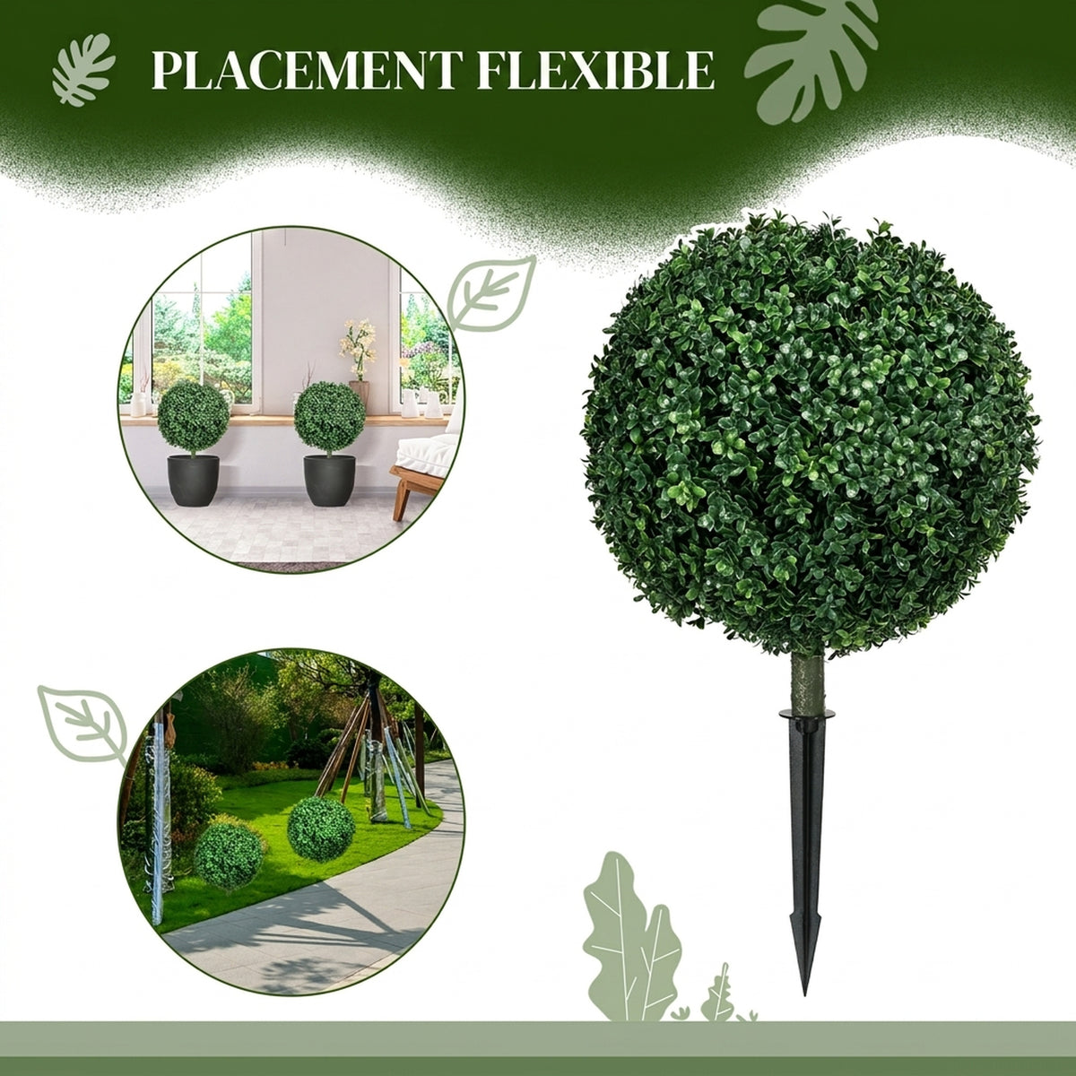 Lot de 2 Plantes Artificielles 70 cm, Boules de Buis, 440 Feuilles, Piquets, Résistant aux UV, Facile à Nettoyer, Vert