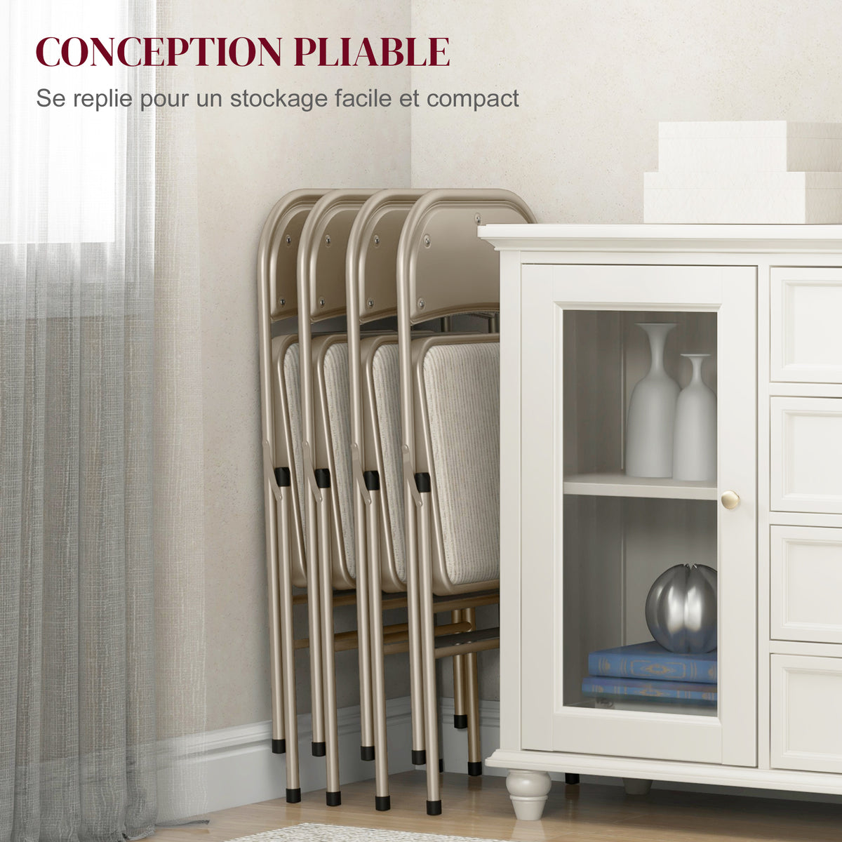 Lot de 4 chaises pliantes chaises de salle à manger portables cadre en acier dim. 45l x 46P x 78H cm beige