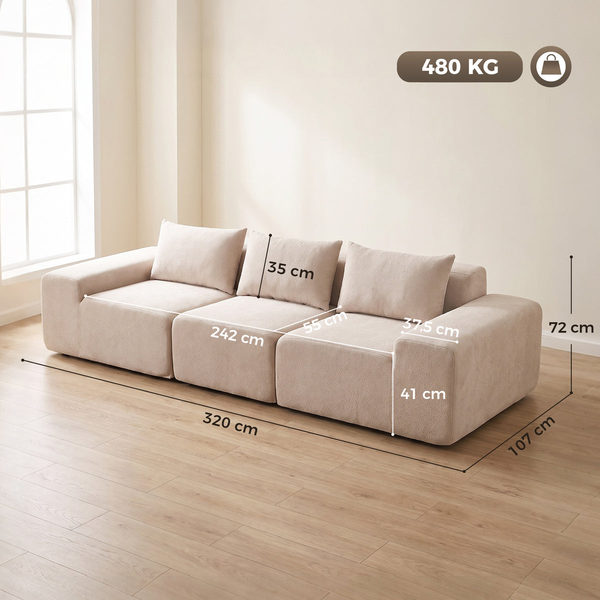 Canapé 3 Places en Chenille 320 cm, Canapé Modulaire, Assise et Accoudoirs Extra-Larges, Entièrement Compressé, Beige