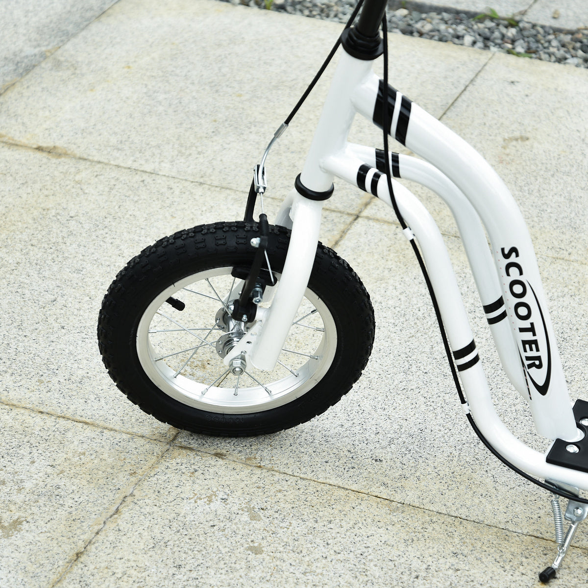 Trottinette enfants, grandes roues pneumatiques 12 pouce en caoutchouc, charge 100 kg, trottinette tout terrain avec double freins, hauteur réglable et béquille latérale, 5 à 12 ans, blanc