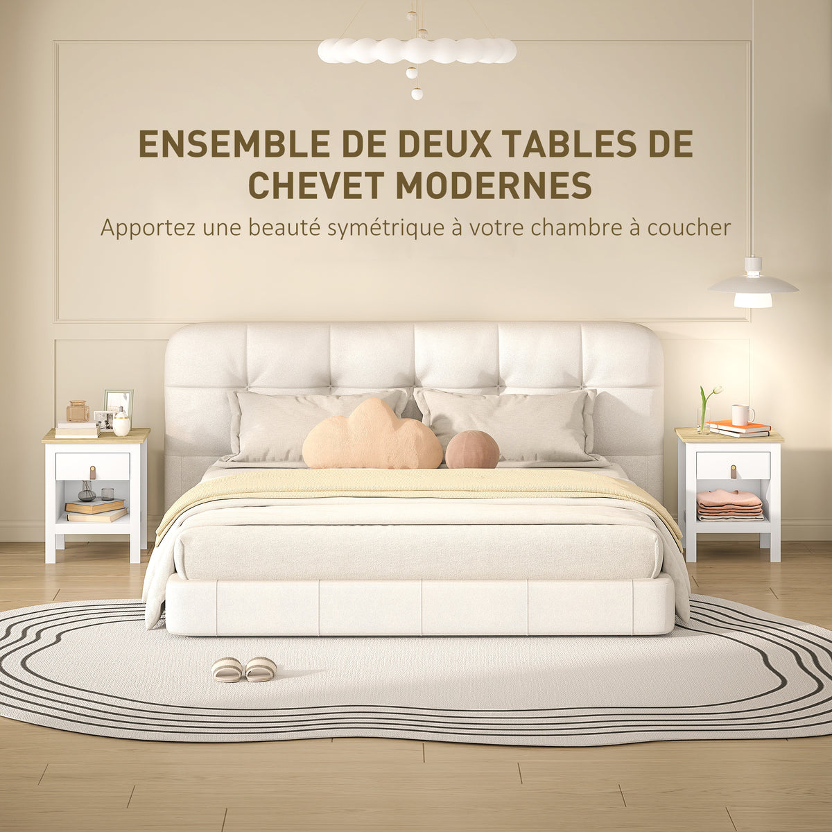 Lot de 2 tables de chevet avec tiroir et compartiment ouvert, 45 x 40 x 55 cm, blanc