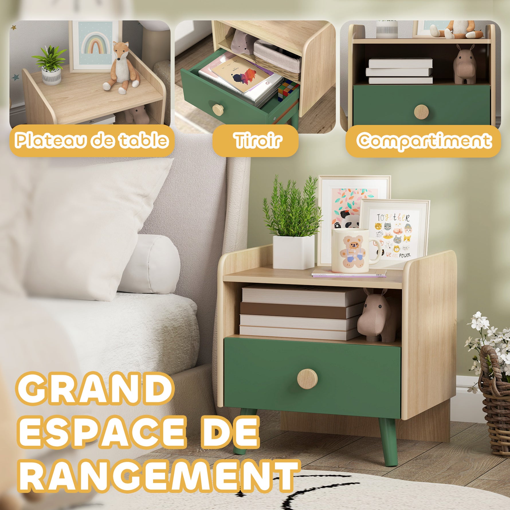Table de chevet enfant table de nuit enfant avec tiroir et niche, petite table d'appoint en bois pour chambre d'enfant