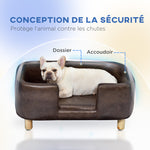 Dog sofa, dog and cat bed with rim, plush cushion, solid wood legs, dim. 74 x 48.5 x 31 cm, chocolate microfiber upholstery