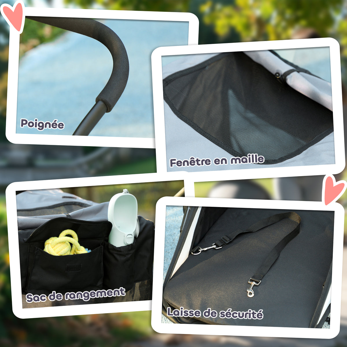 Poussette pour chien 3 roues avec pliage facile, sac de rangement, coussin souple, laisse de sécurité, gris