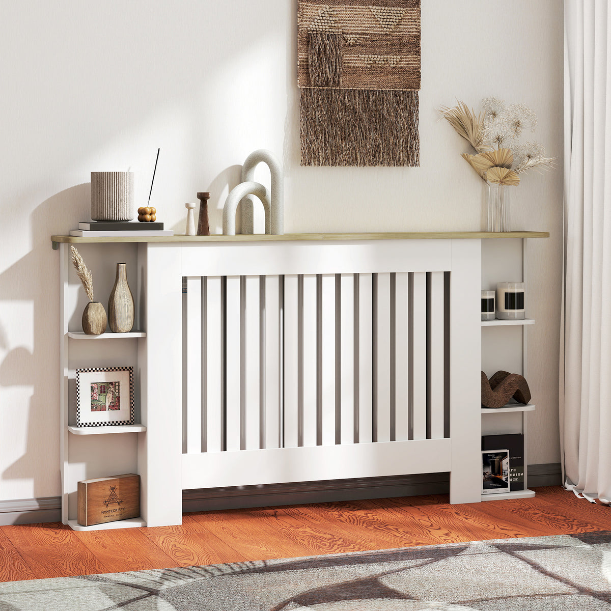 Cache-radiateur avec étagères de rangement ouvertes, couvercle de radiateur en bois à lattes, 152x19x83cm, blanc