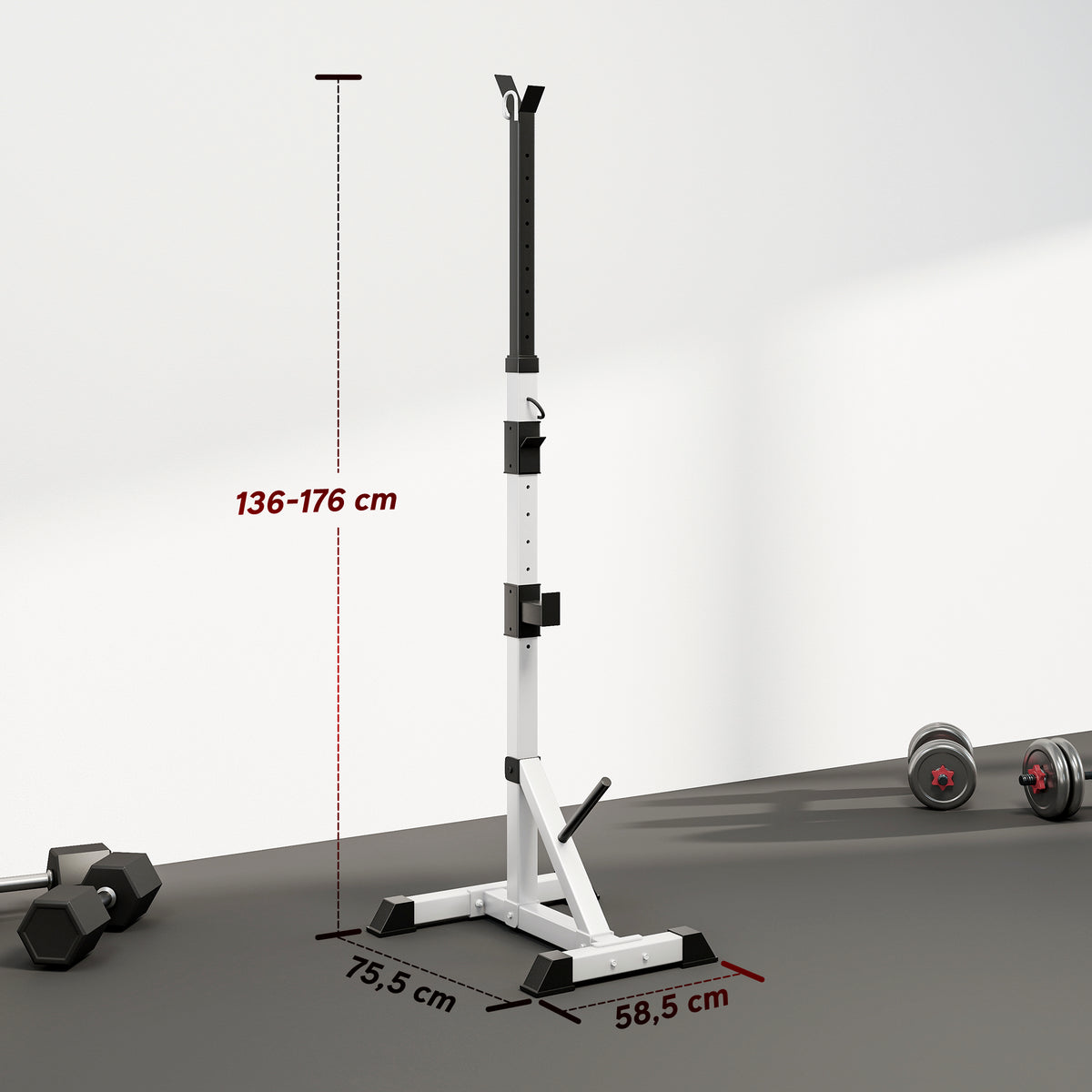 Verstelbaar Stalen Squat Rack, belastbaarheid 200 kg, houder voor 3 halterstangen met haken, 58,5x75,5x136-176 cm, zilver