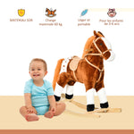 Cheval à Bascule en Bois et Peluche pour Enfant Cheval de Cowboy peluche Pour Enfants de 3-6 Ans Jouet balançoire avec Effet sonore Selle rênes Marron Blanc