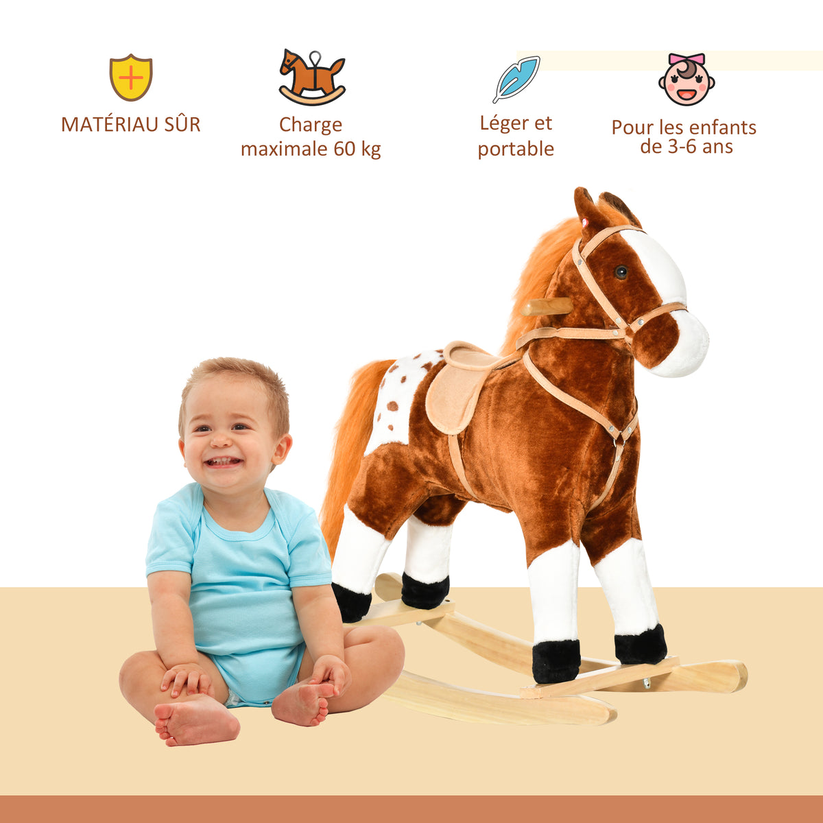 Cheval à Bascule en Bois et Peluche pour Enfant Cheval de Cowboy peluche Pour Enfants de 3-6 Ans Jouet balançoire avec Effet sonore Selle rênes Marron Blanc