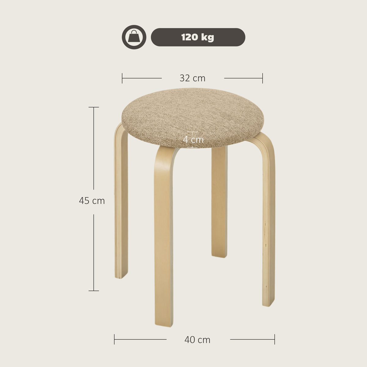 Ensemble de 4 Tabourets Empilables Modernes, Tabourets Ronds sans Dossier avec Assise Rembourrée, 40 x 40 x 45 cm, Kaki
