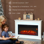 Cheminée électrique 1000W/2000W, fausse cheminée décorative, effet flamme à 5 luminosités réglables, 121x25x77cm, blanc