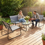 Salon de Jardin Ensemble de Terrasse en Acier et Textilène 4 Pièces avec Accoudoirs Corde Tressée Gris