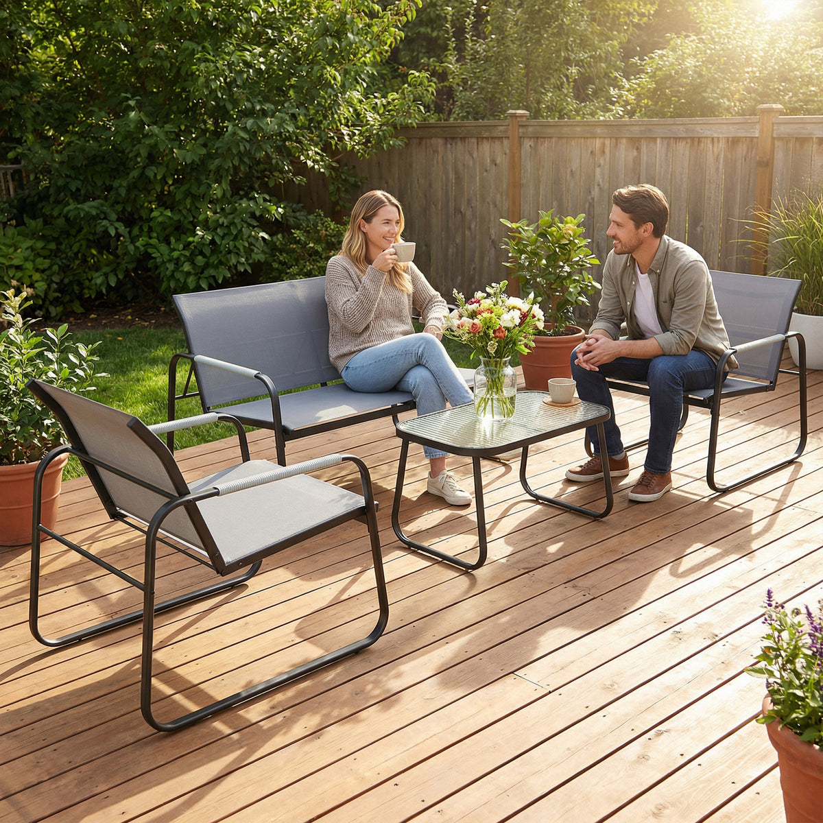 Salon de Jardin Ensemble de Terrasse en Acier et Textilène 4 Pièces avec Accoudoirs Corde Tressée Gris