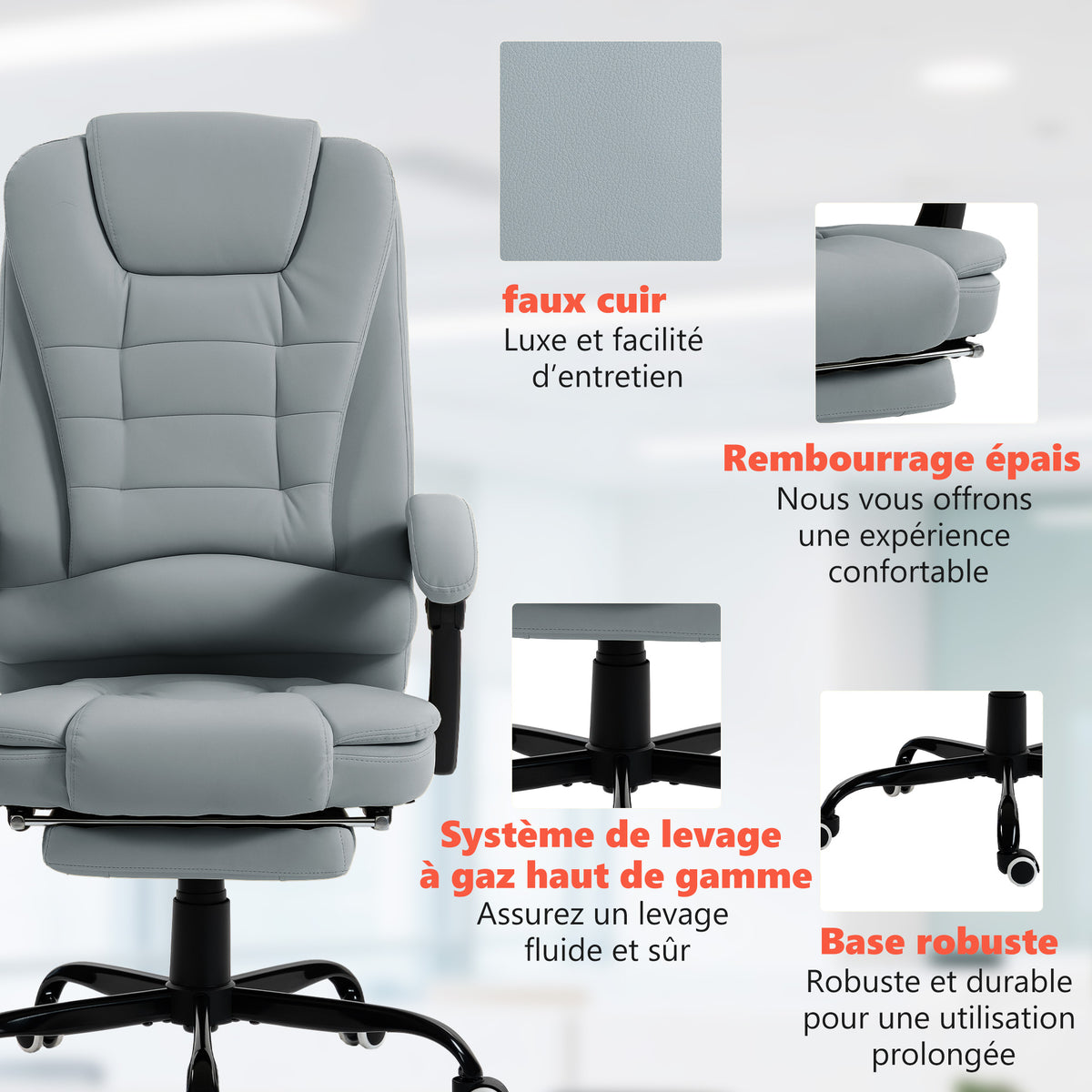 Fauteuil de bureau massant, chaise de bureau avec hauteur réglable, dossier inclinable et télécommande filaire, gris