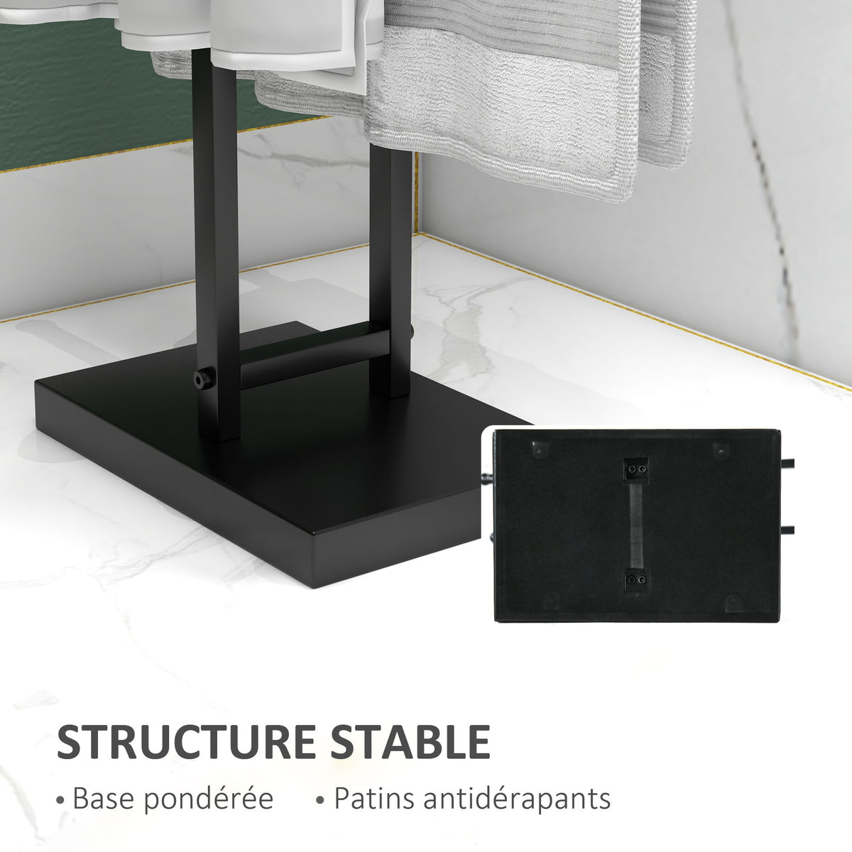 Porte-serviettes sur pied autoportant 2 niveaux en métal pour la salle de bain, dim. 50l x 18,5P x 85H cm, noir