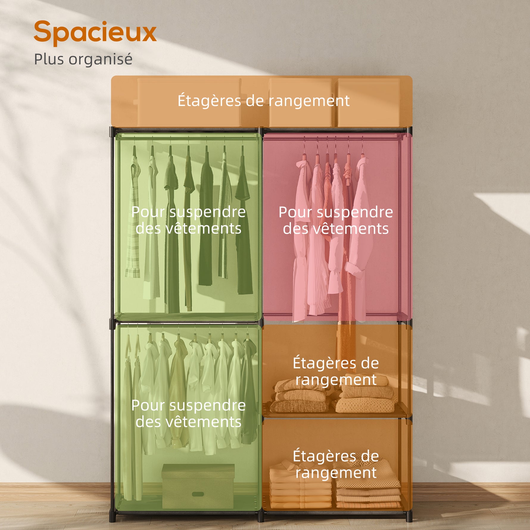 Armoire de rangement, penderie portable avec 2 barres de suspension et 6 étagères, 111 x 43 x 185 cm, noir