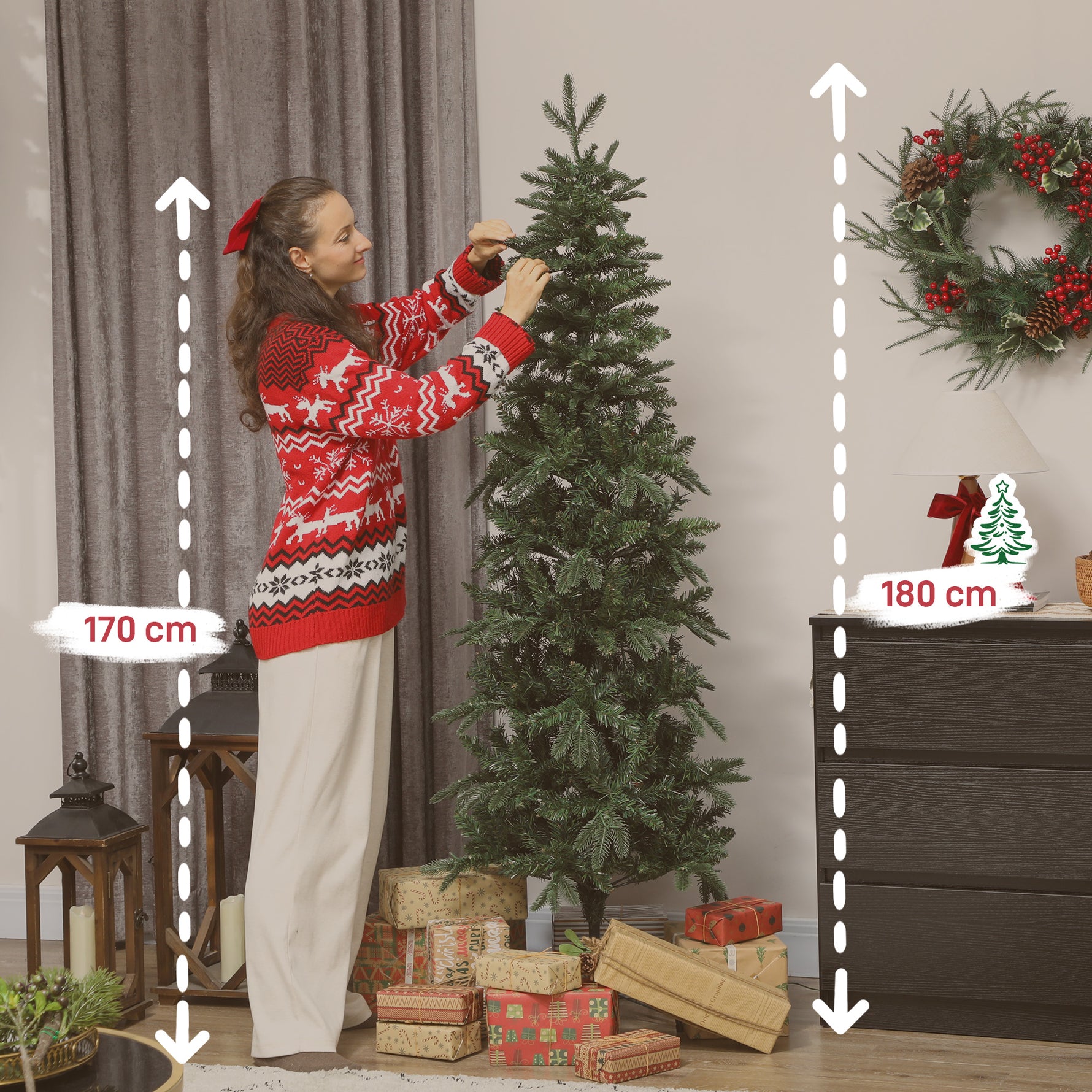 Sapin de Noël artificiel 180 cm, arbre de Noël slim avec 200 lumières 8 modes d'éclairage 605 branches articulées, vert