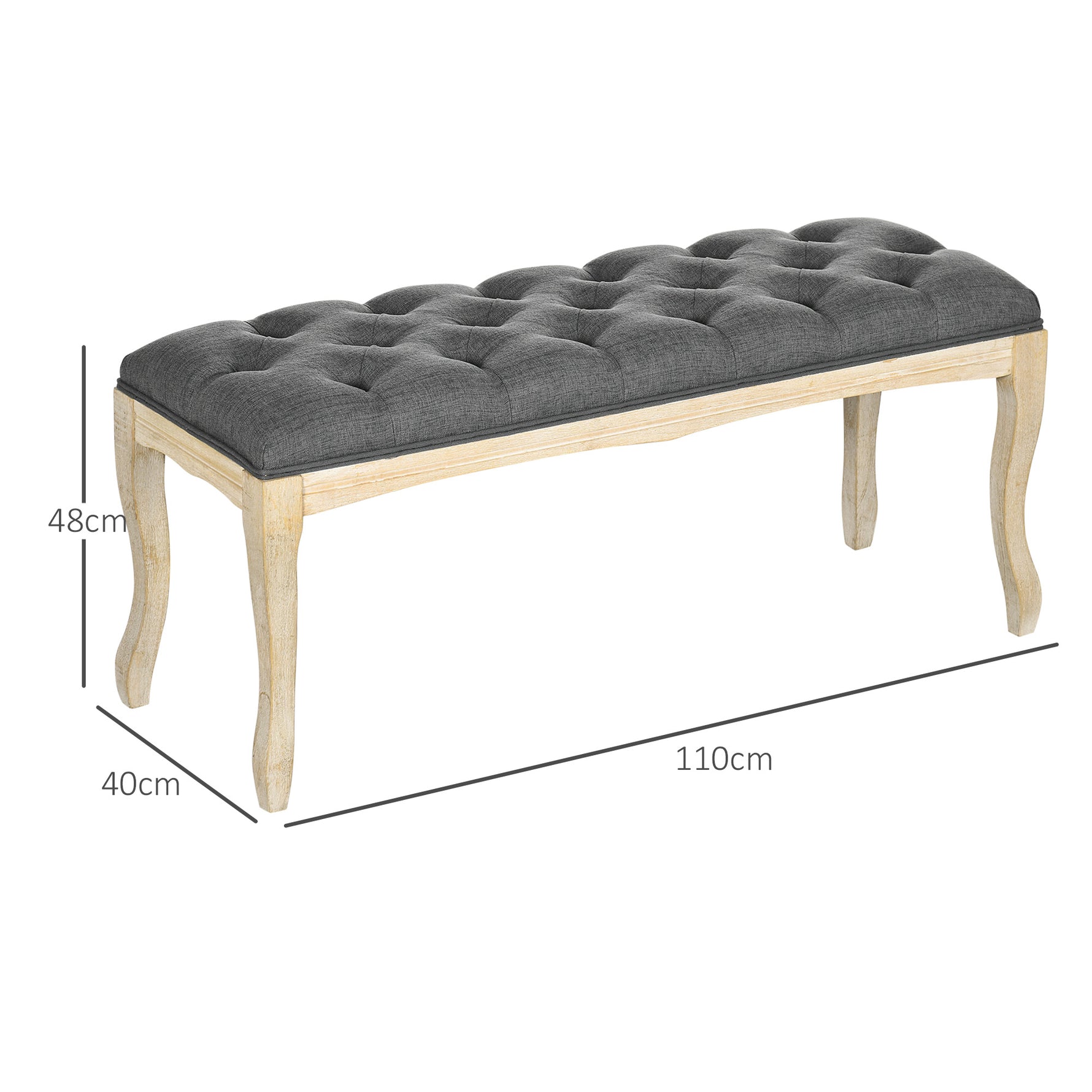 Banc Banquette capitonnée Style Classique 110 cm Bout de lit Rembourrée en lin piètement Bois hévéa sculpté Lin Gris