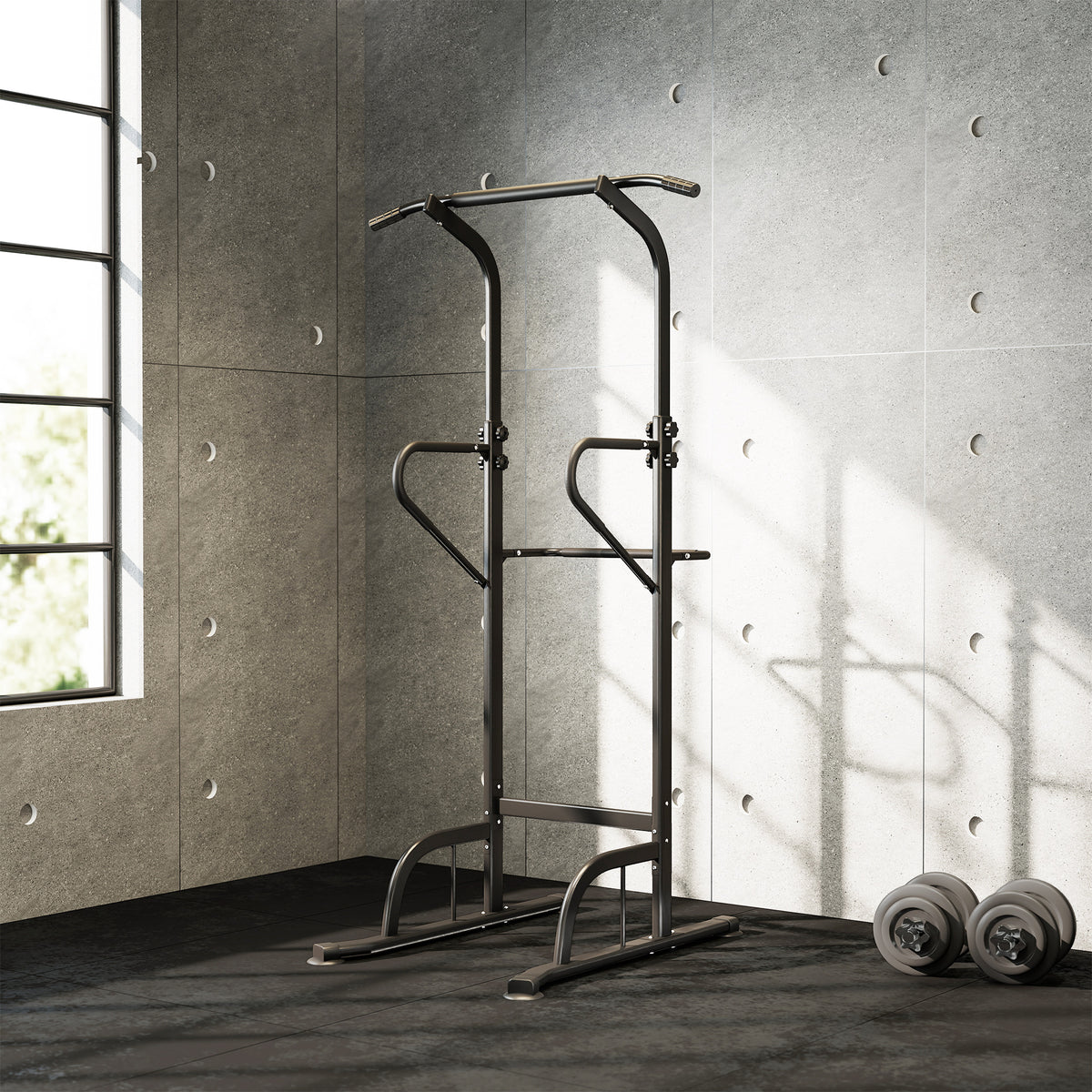 Power Tower Dip Station, Barre de traction, Barre de dips, Hauteur Réglable, Poignées en Forme U, 98x102x180-212cm, Noir