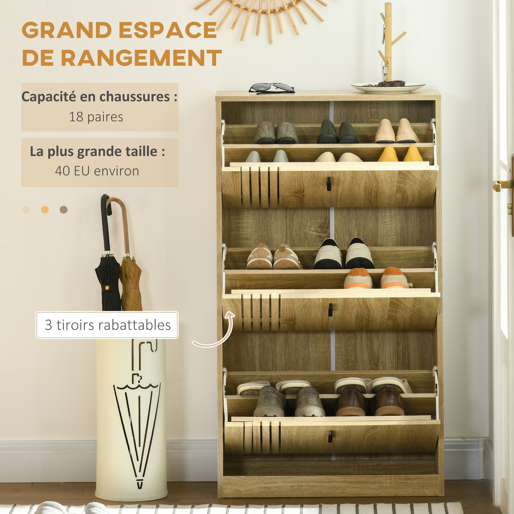Meuble à chaussures à 3 abattants 18 paires grande capacité pour entrée couloir salon 63 x 24 x 117 cm chêne
