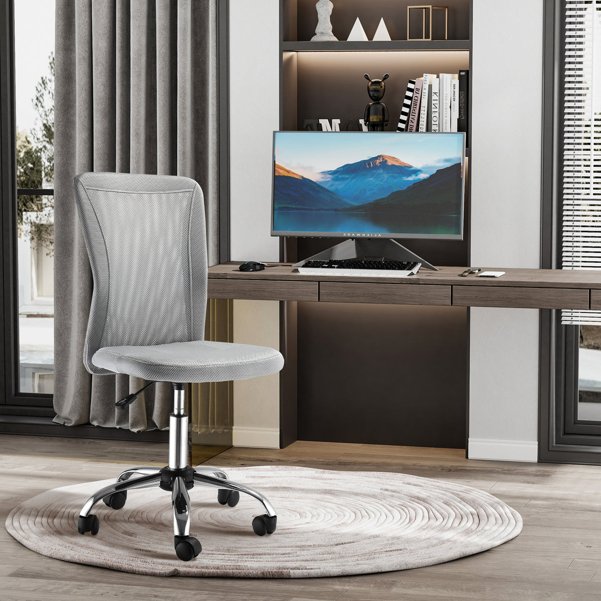 Chaise de Bureau Ergonomique, Fauteuil de Bureau, Hauteur Réglable, Piètement Chromé, Pivotant 360°, Revêtement Maille, Gris