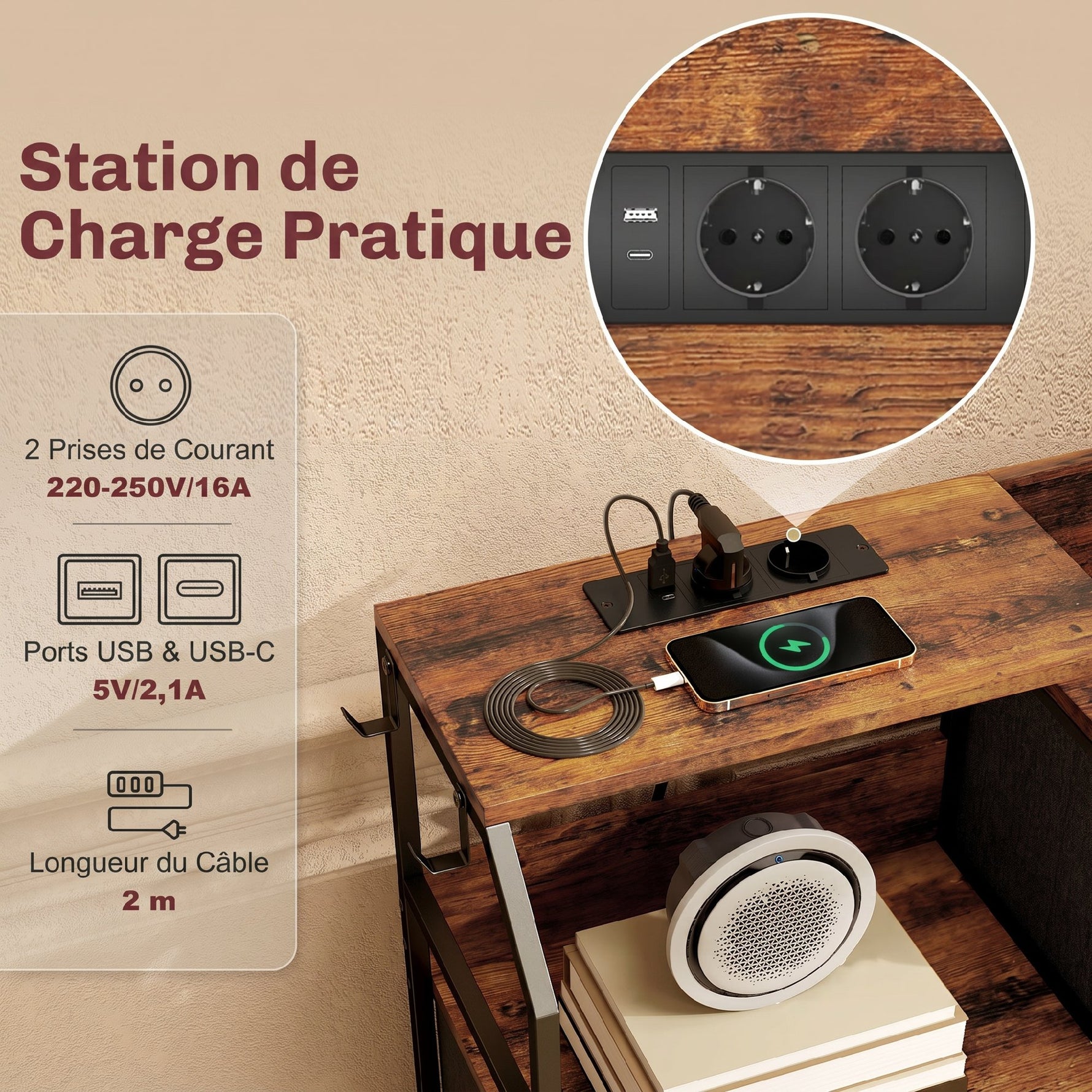 Commode, meuble de rangement avec station de recharge, 8 tiroirs en tissu, étagère ouverte, 130,5x30x88cm, marron