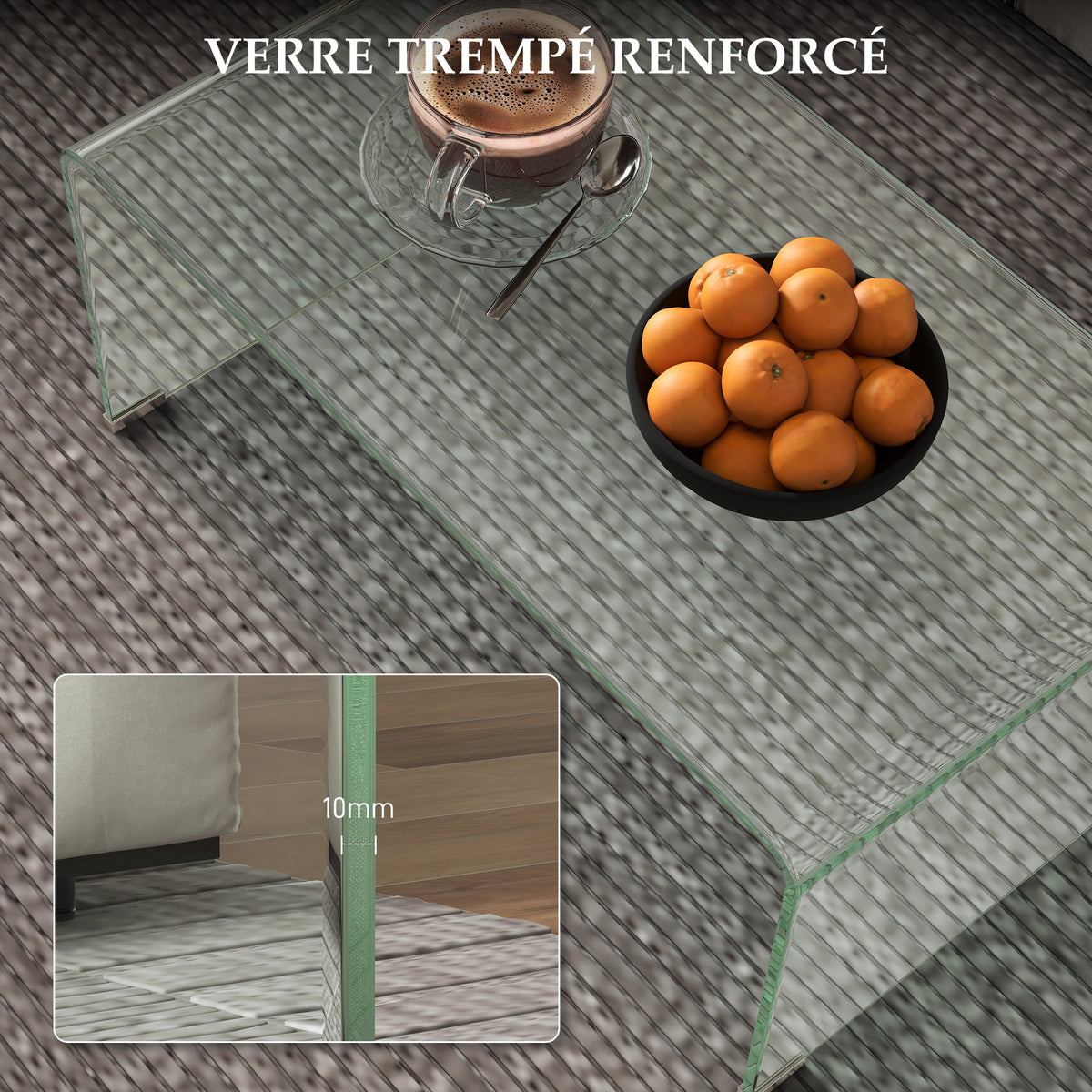Table basse en verre table de salon rectangulaire design moderne en verre trempé avec bords arrondis sûrs transparent