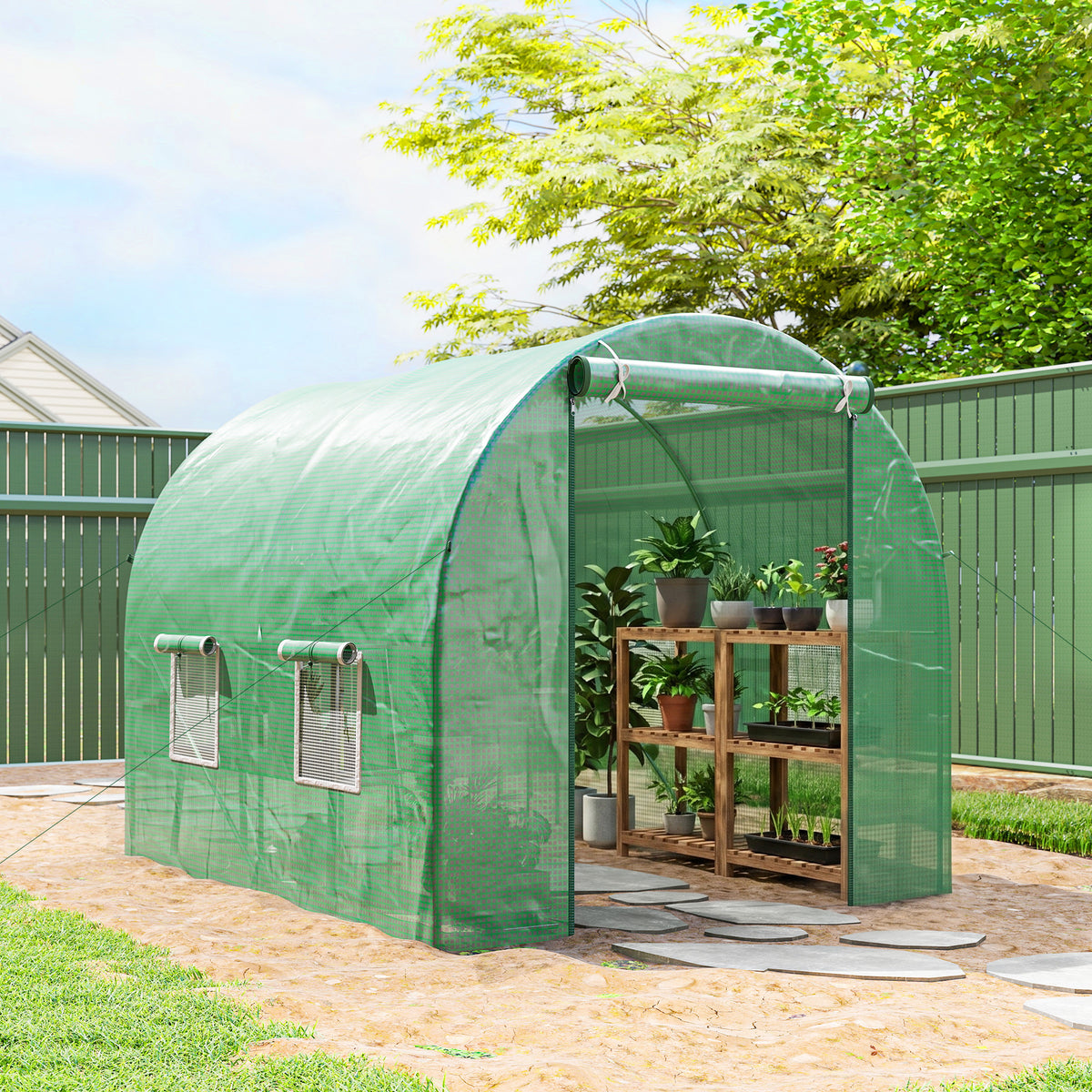 Serre de Jardin Tunnel 5 m² 2,5L x 2l x 2H m Acier renforcé Ø 1,8 cm + PE Haute densité 140 g/m² fenêtres Vert