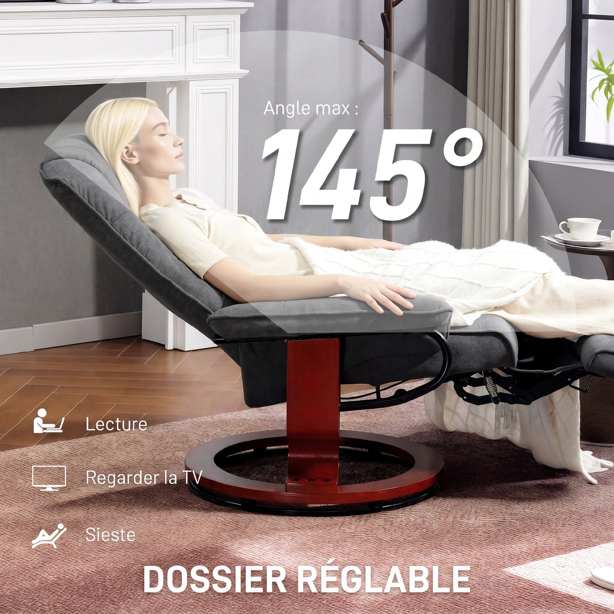 Fauteuil relax inclinable repose-pieds réglable pivotant 360° piètement bois tissu aspect lin gris