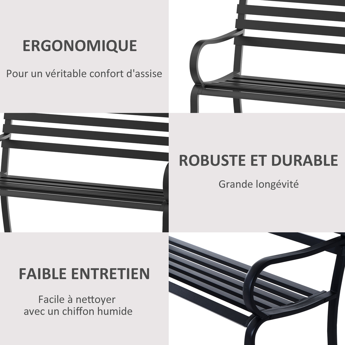 Banc de Jardin Design Contemporain 2 Places dim. 127L x 58l x 82H cm métal époxy Noir