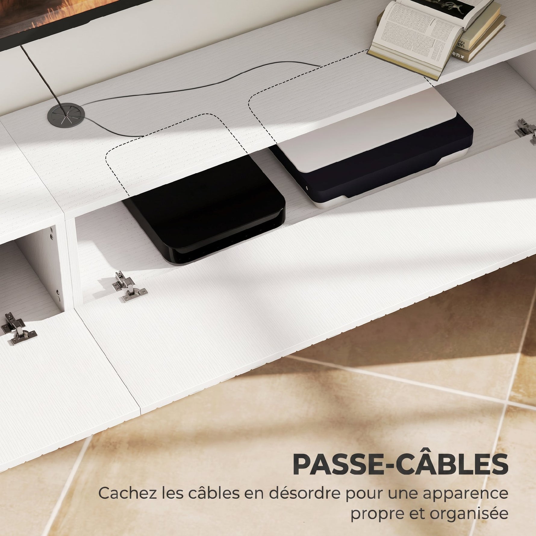 Meuble TV suspendu 180cm, meuble télé pour téléviseur 72 pouces, 2 portes rabattables, 180x25x22cm, blanc