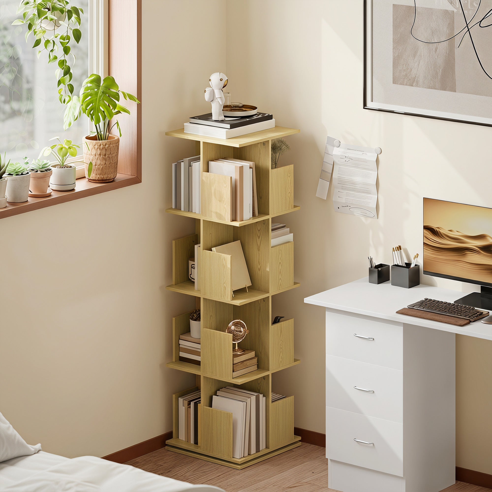 Bibliothèque Rotative à 4 Niveaux, Étagère Rangement avec 16 Compartiments, 39 x 39 x 128,3 cm, Chêne