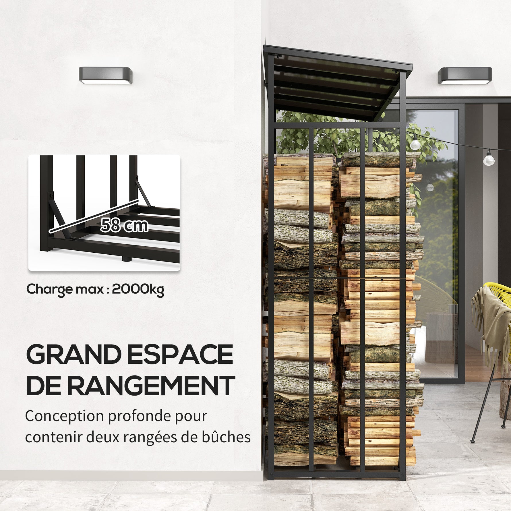 Abri-bûches range-bûche extérieur charge maximale 2000 kg avec housse de protection imperméable 185 x 62 x 184 cm noir